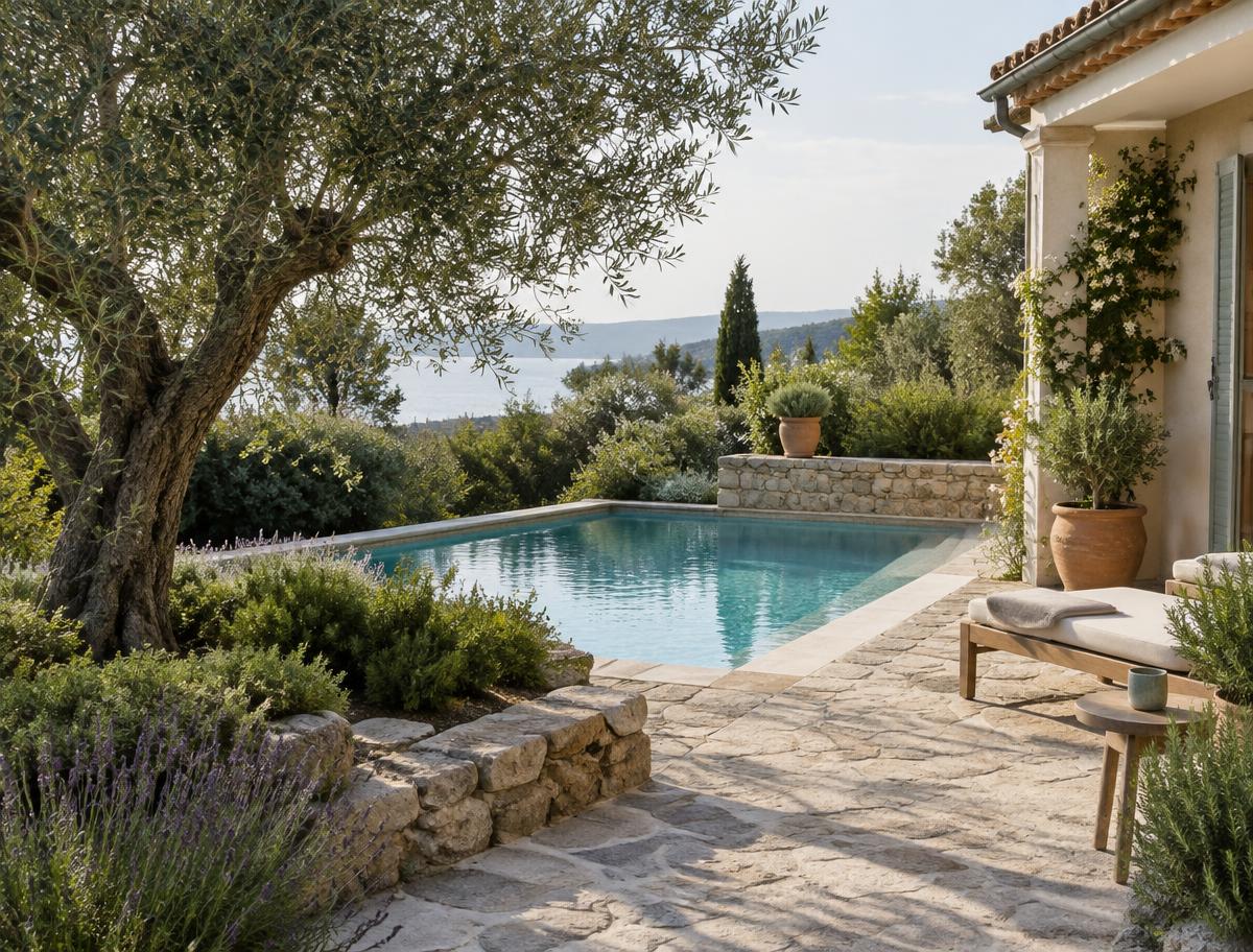Piscina y jardín mediterráneo junto a una vivienda